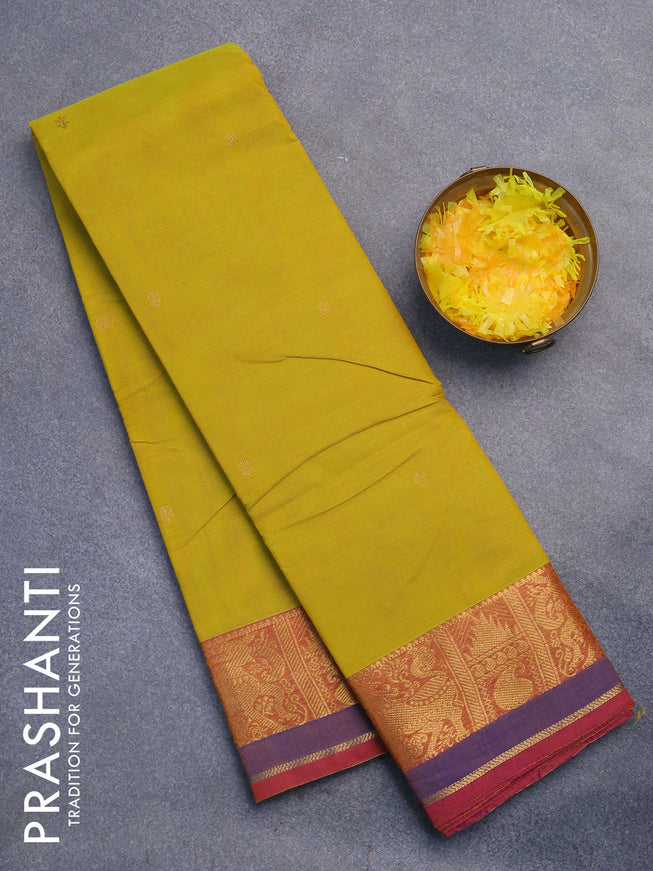 Chettinad cotton saree lime yellow and pink with zari woven buttas and zari woven border without blouse