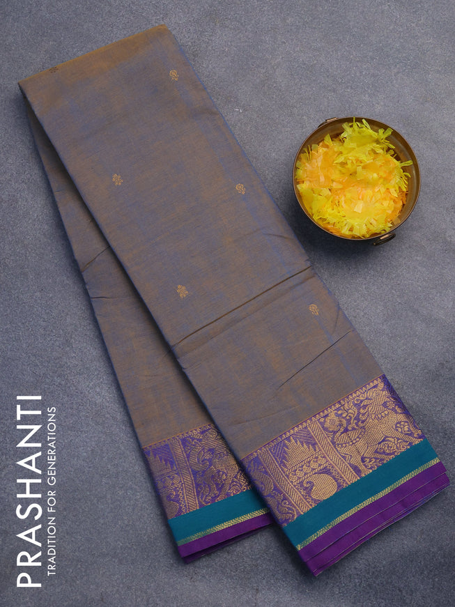 Chettinad cotton saree dual shade of bluish yellow and purple with zari woven buttas and zari woven border without blouse