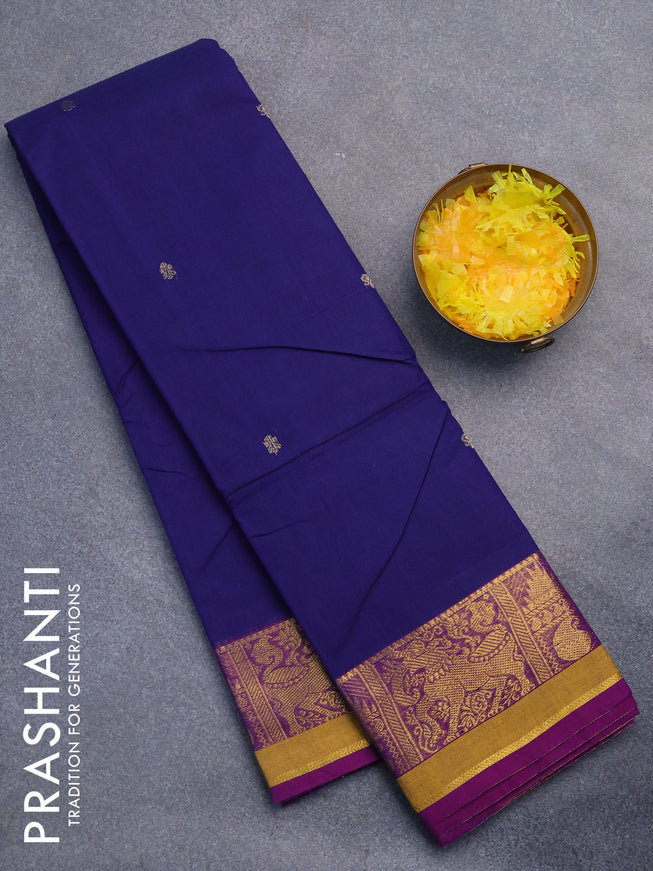 Chettinad cotton saree blue and purple with zari woven buttas and zari woven border without blouse