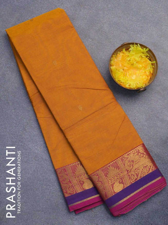 Chettinad cotton saree mustard yellow and purple with zari woven buttas and zari woven border without blouse