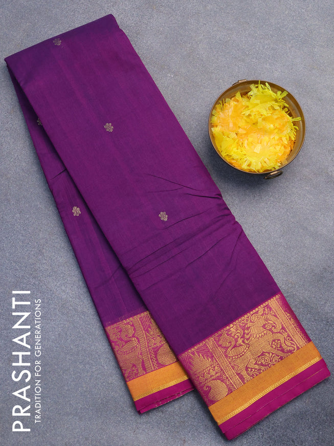 Chettinad cotton saree purple and purple with zari woven buttas and zari woven border without blouse
