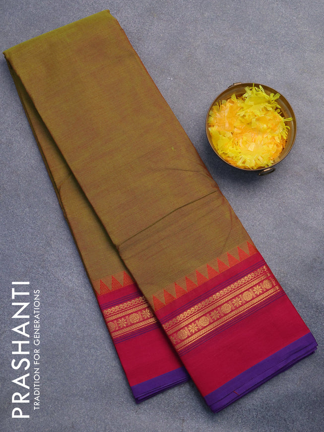 Chettinad cotton saree green shade and pink with plain body and zari woven simple border without blouse