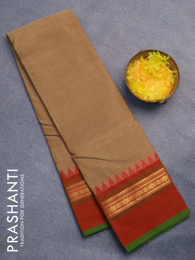 Chettinad cotton saree beige and red with plain body and zari woven simple border without blouse