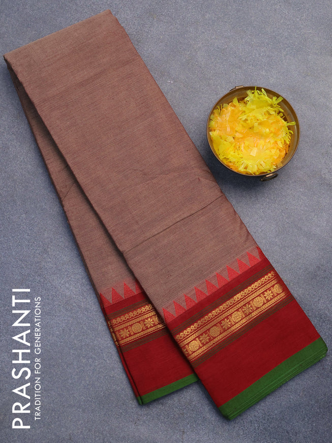 Chettinad cotton saree pastel brown and maroon with plain body and zari woven simple border without blouse
