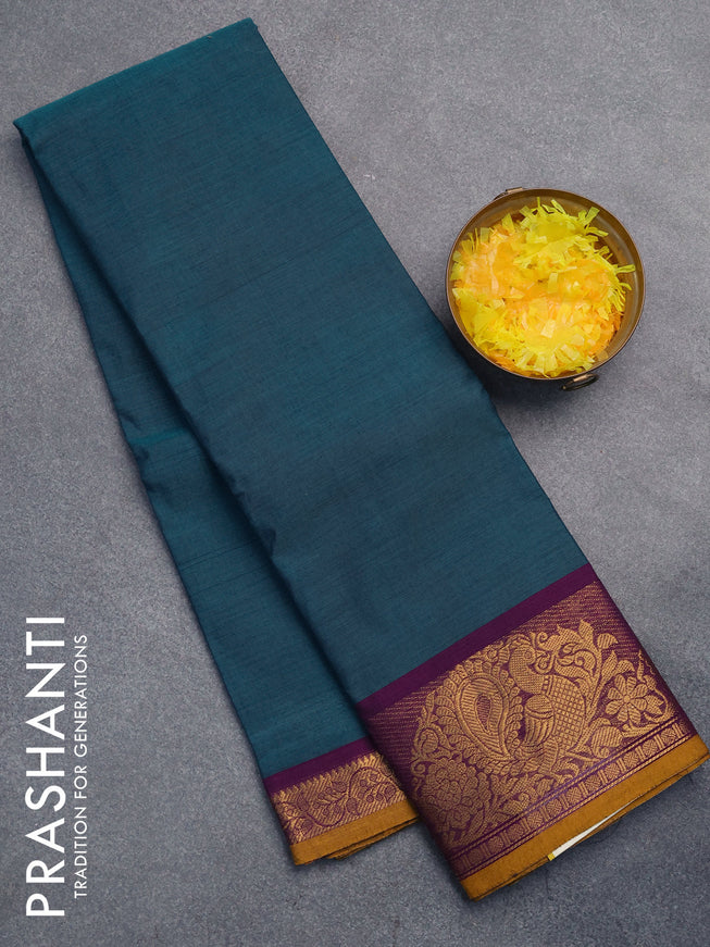 Chettinad cotton saree peacock blue and purple with plain body and annam zari woven border without blouse