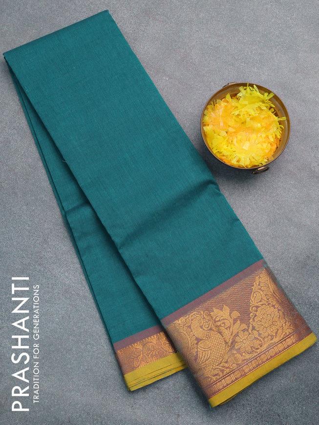 Chettinad cotton saree peacock green and yellow with plain body and annam zari woven border without blouse