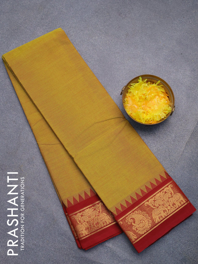 Chettinad cotton saree yellow and maroon with plain body and zari woven border without blouse