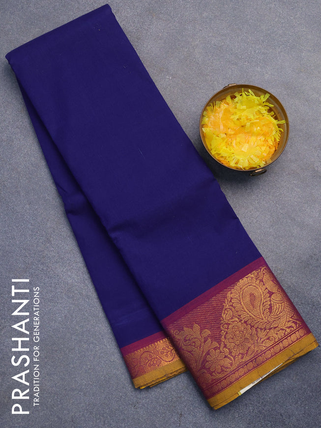 Chettinad cotton saree blue and magenta pink with plain body and annam zari woven border without blouse