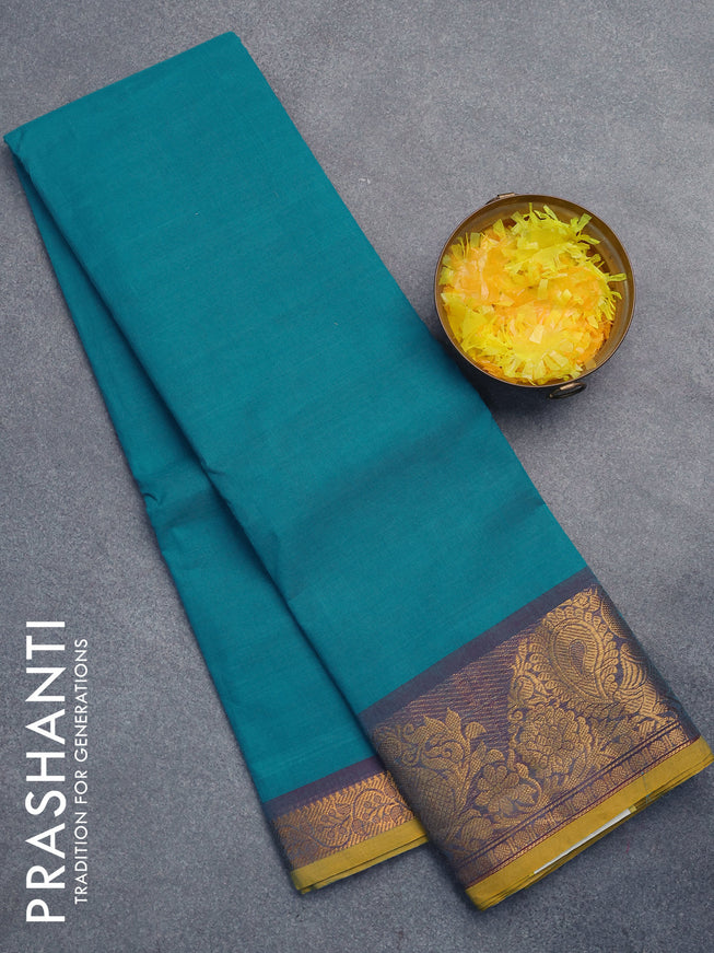 Chettinad cotton saree teal blue and yellow with plain body and annam zari woven border without blouse