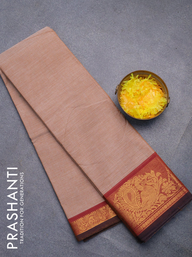 Chettinad cotton saree beige and maroon with plain body and annam zari woven border without blouse