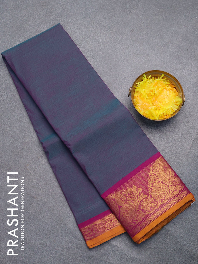 Chettinad cotton saree dual shade of teal blue and purple with plain body and annam zari woven border without blouse