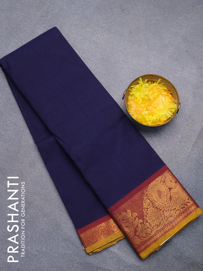 Chettinad cotton saree navy blue and mustard yellow with plain body and annam zari woven border without blouse
