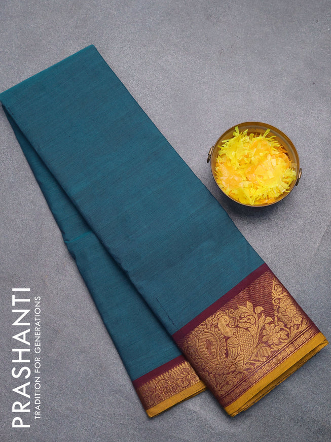 Chettinad cotton saree peacock green and deep maroon with plain body and zari woven border without blouse