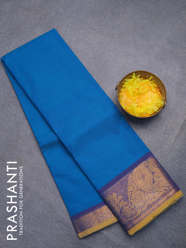 Chettinad cotton saree blue and yellow with plain body and annam zari woven border without blouse