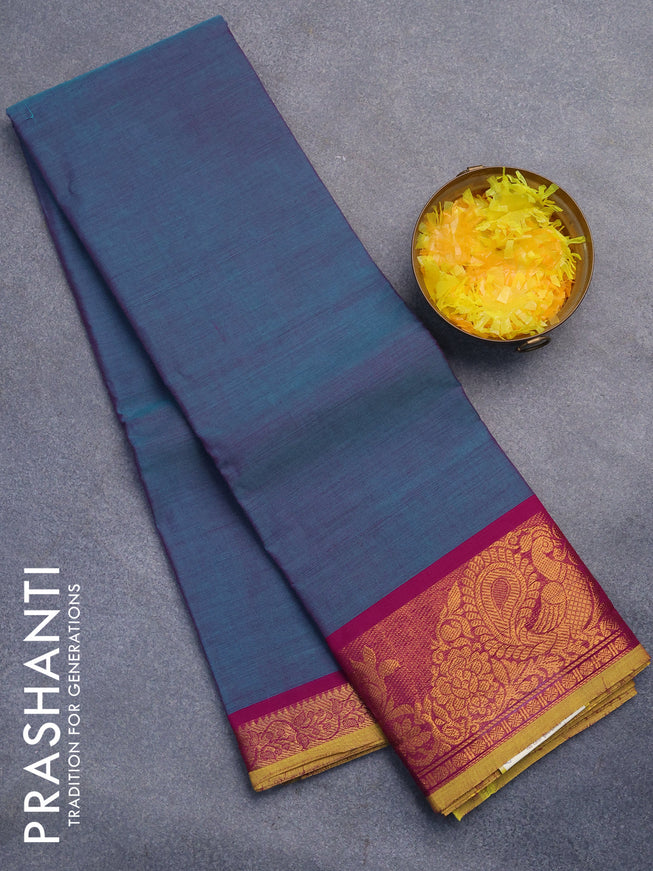 Chettinad cotton saree dual shade of peacock green and purple with plain body and annam zari woven border without blouse
