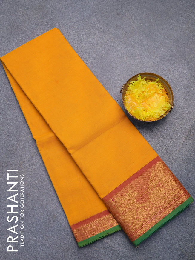 Chettinad cotton saree mango yellow and pink with plain body and annam zari woven border without blouse