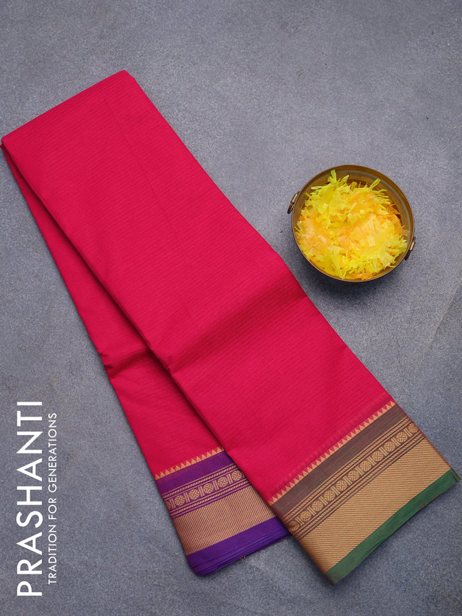 Chettinad cotton saree pink and green with plain body and thread woven border without blouse