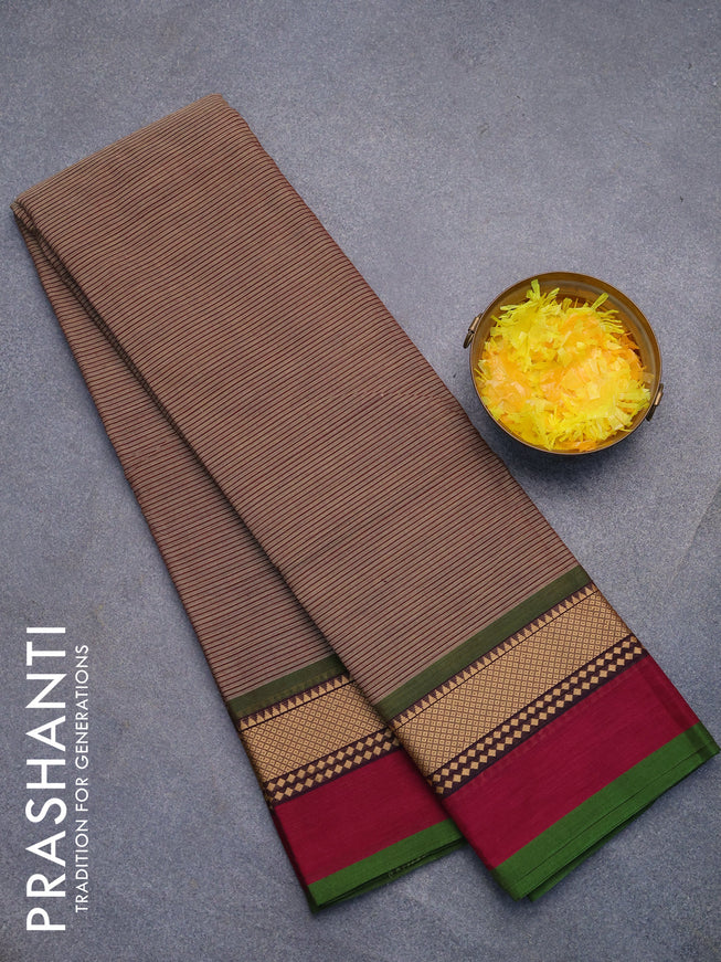 Chettinad cotton saree beige and magenta pink with allover allover stripes pattern and thread woven simple border without blouse