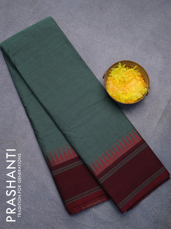 Chettinad cotton saree sap green and maroon with plain body and thread woven simple border without blouse