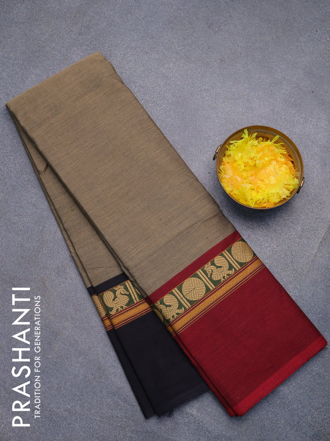 Chettinad cotton saree grey and black with plain body and thread woven simple border without blouse