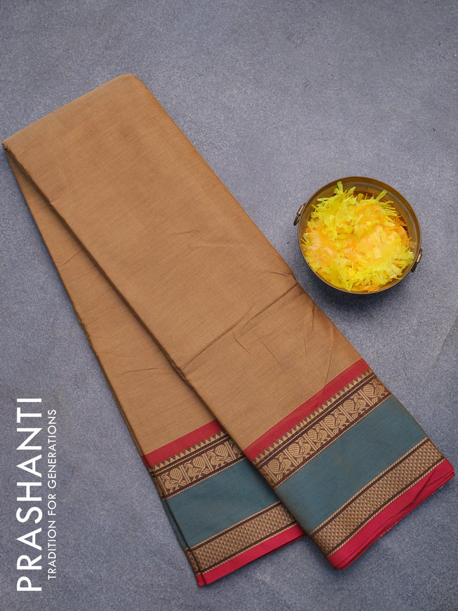 Chettinad cotton saree dark sandal and pink with plain body and rettapet thread woven border without blouse