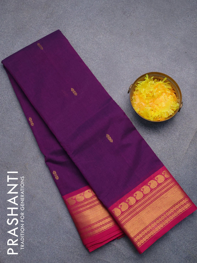 Chettinad cotton saree deep purple and pink with zari woven buttas and zari woven border without blouse