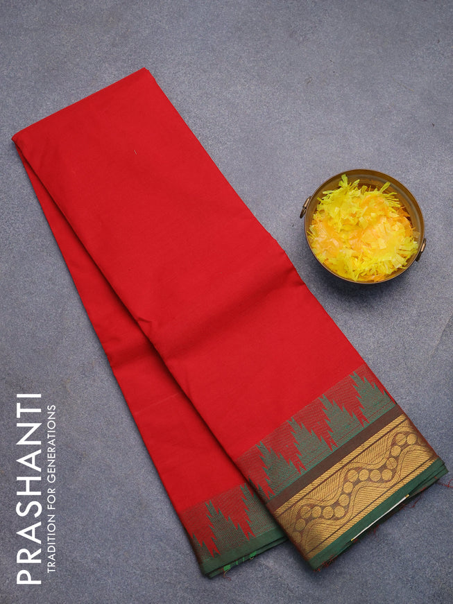 Chettinad cotton saree red and green shade with plain body and temple design zari woven border without blouse