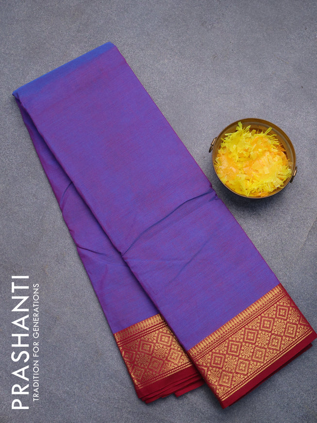 Chettinad cotton saree dual shade of blue and dark pink with plain body and zari woven border without blouse