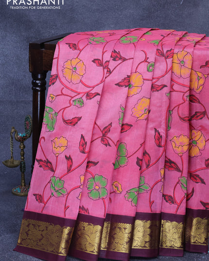 Silk cotton saree light pink and deep wine shade with floral prints and floral zari woven korvai border