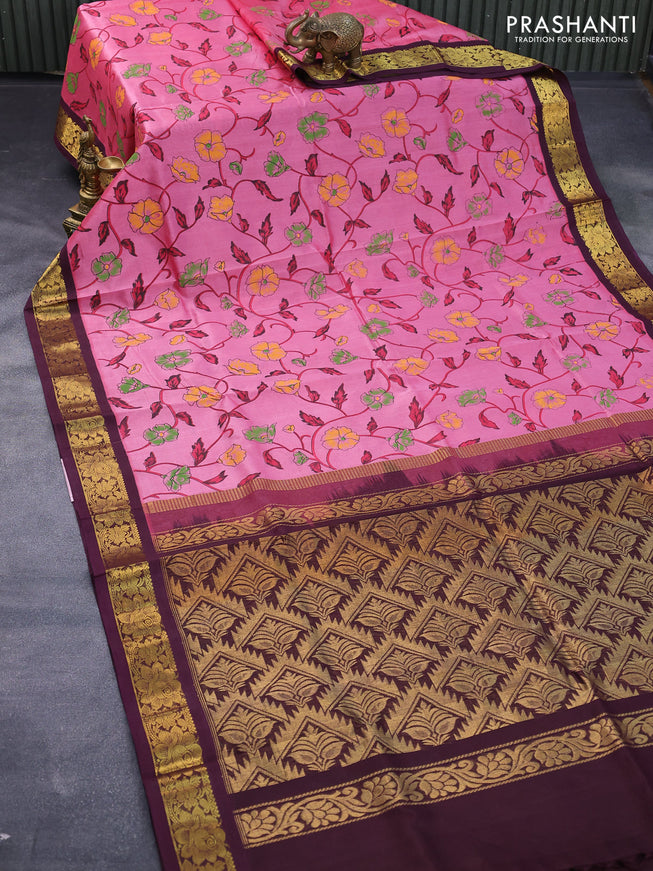 Silk cotton saree light pink and deep wine shade with floral prints and floral zari woven korvai border