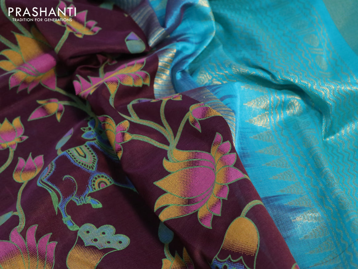 Silk cotton saree brown and teal blue with floral prints and rettapet zari woven korvai border