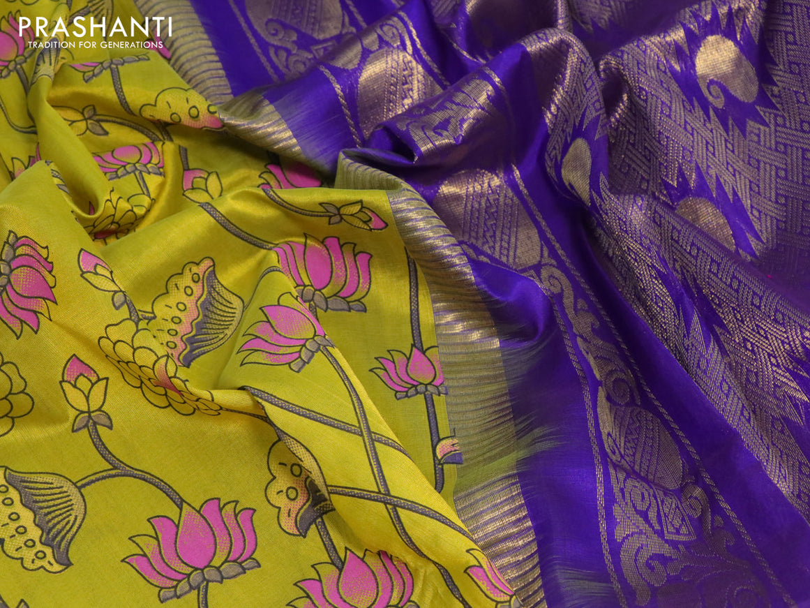 Silk cotton saree lime yellow and royal blue with pichwai prints and temple design zari woven simple border