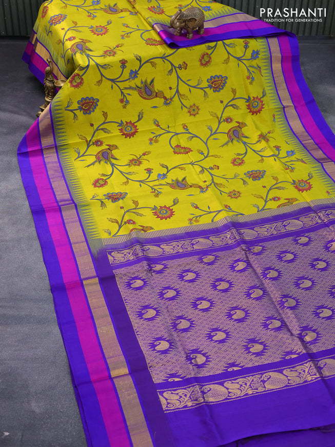 Silk cotton saree lime yellow and blue with allover kalamkari prints and temple design zari woven simple border