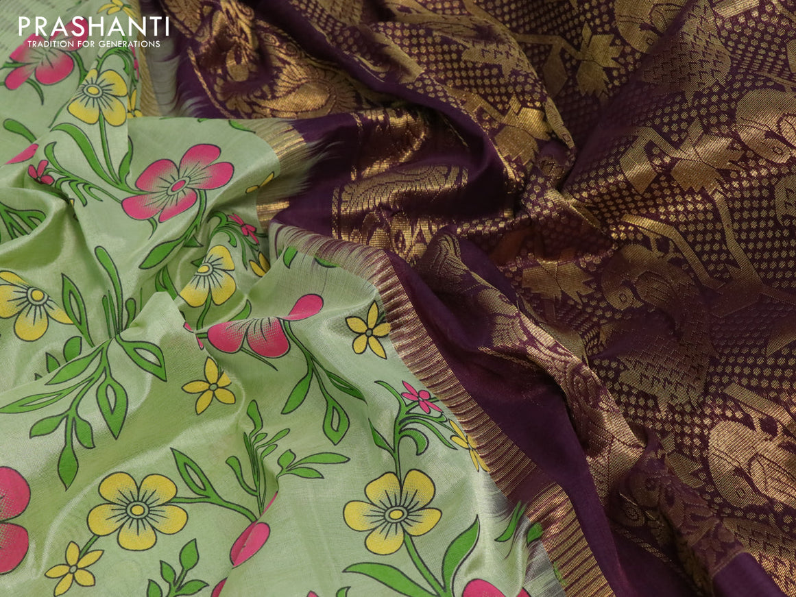 Silk cotton saree pista green and brown with floral prints and temple design zari woven simple border