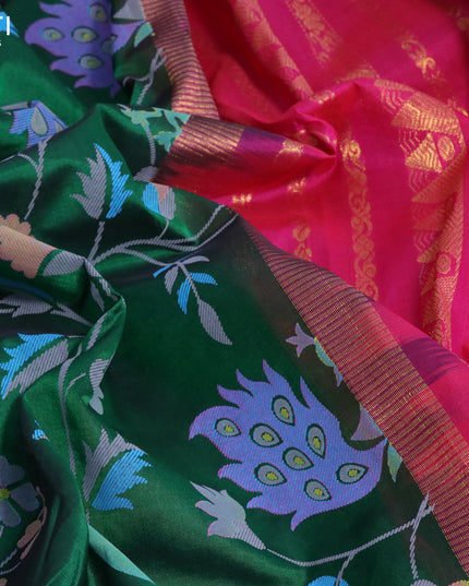 Silk cotton saree green and pink with allover prints and rettapet zari woven korvai border