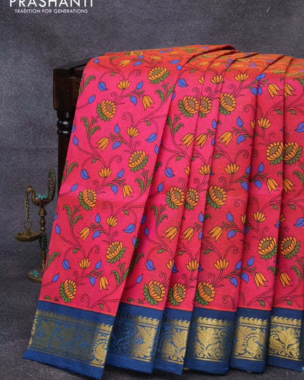 Silk cotton saree pink and peacock blue with allover floral prints and zari woven korvai border