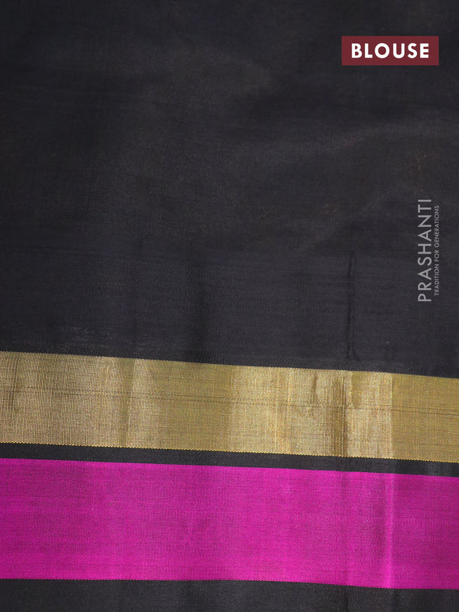 Silk cotton saree mustard yellow and black with allover kalamkari prints and temple design zari woven simple border