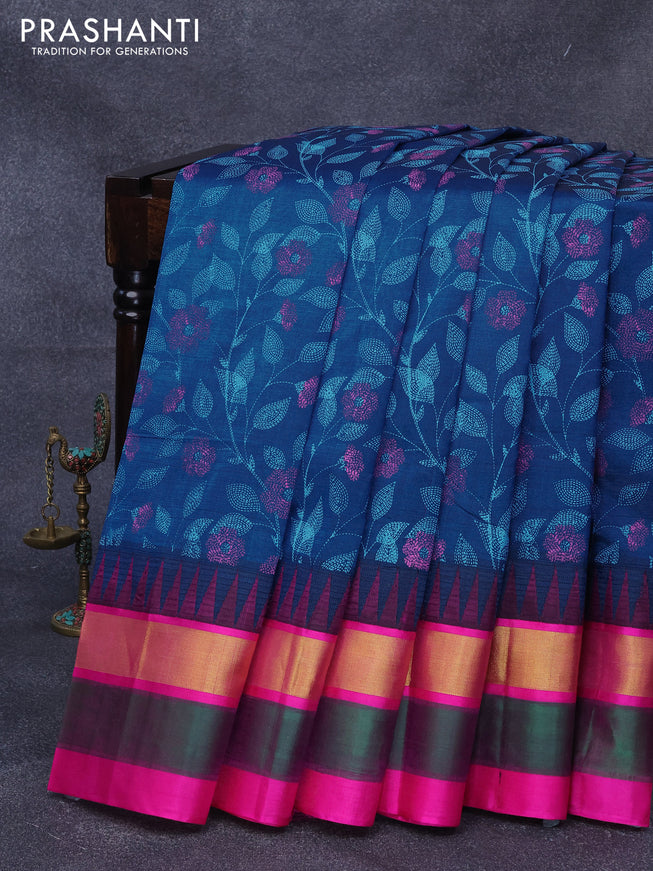 Silk cotton saree peacock blue and pink with allover prints and temple design zari woven simple border