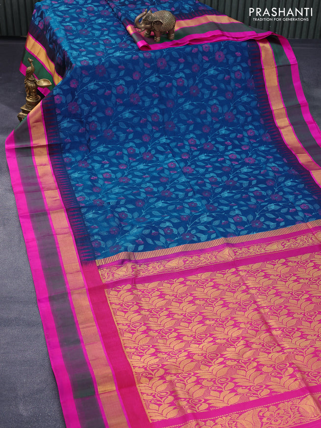 Silk cotton saree peacock blue and pink with allover prints and temple design zari woven simple border