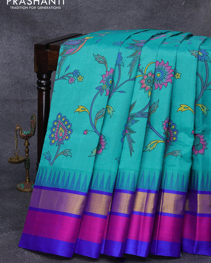 Silk cotton saree teal blue and royal blue with allover kalamkari prints and temple design zari woven simple border