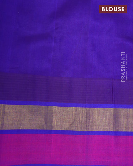 Silk cotton saree teal blue and royal blue with allover kalamkari prints and temple design zari woven simple border