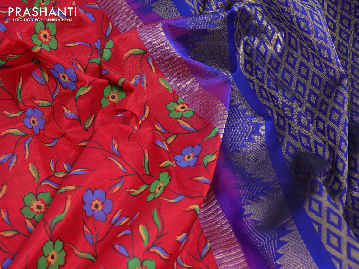 Silk cotton saree red and blue with allover floral prints and temple design zari woven simple border