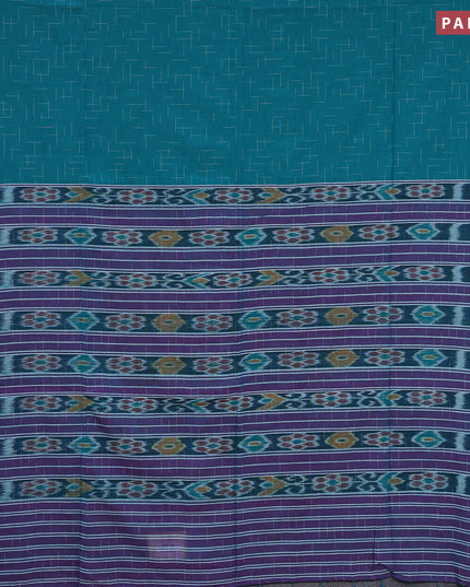 Bengal soft cotton saree teal green and purple with allover checked pattern and ikat woven border