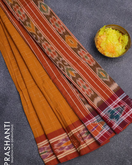 Bengal soft cotton saree mustard yellow and rust shade with allover checked pattern and ikat woven border