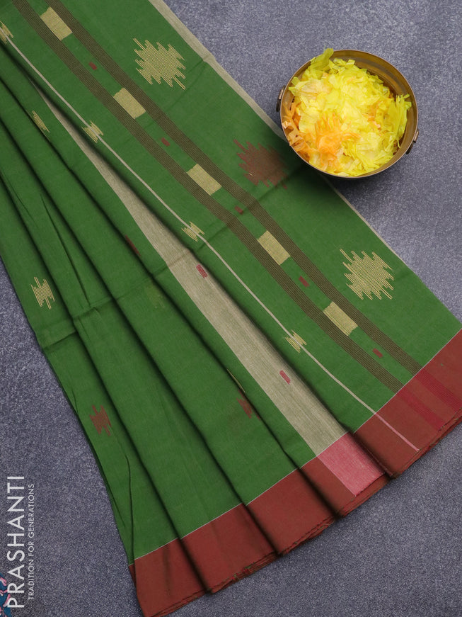 Bengal soft cotton saree green and maroon with thread woven buttas and simple border