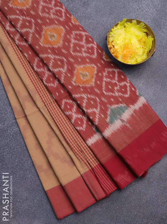 Bengal soft cotton saree sandal and maroon with allover ikat weaves and simple border