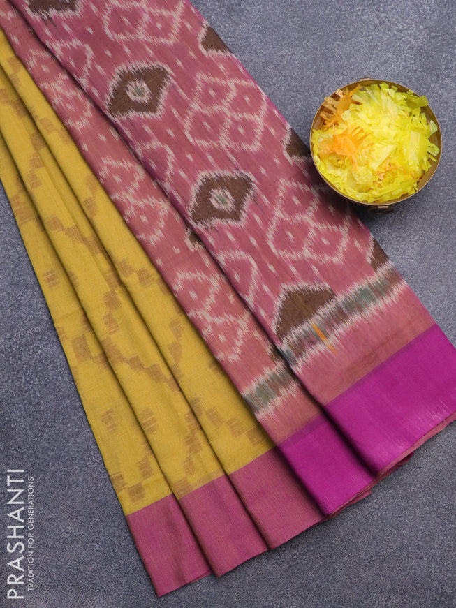 Bengal soft cotton saree mustard shade and magenta pink with allover ikat weaves and simple border