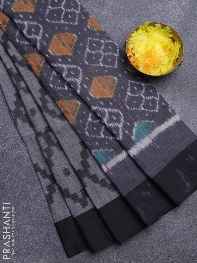 Bengal soft cotton saree grey and black with allover ikat weaves and simple border