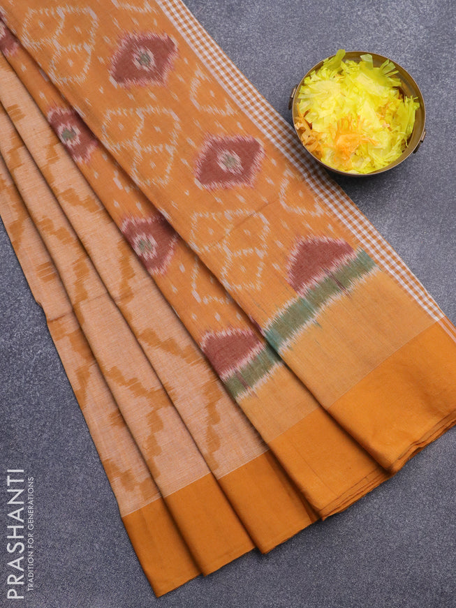 Bengal soft cotton saree mustard shade with allover ikat weaves and simple border