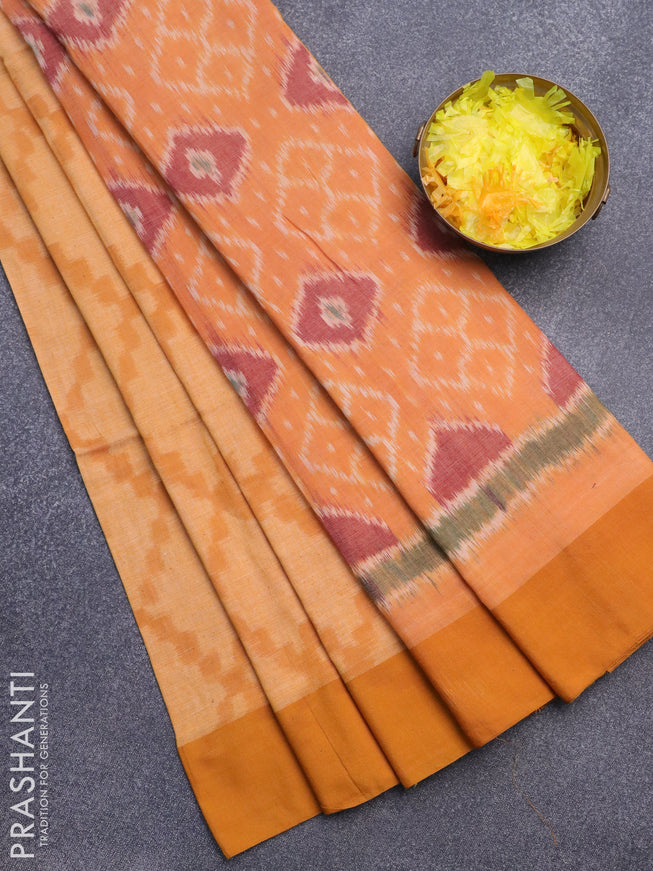 Bengal soft cotton saree mustard yellow with allover ikat weaves and simple border